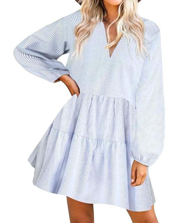 FANCYINN Cute Shift Tunic Dress for Women Ruffle Swing Babydoll Mini Long Sleevee Dress with Pock... | Amazon (US)