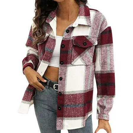 Futezty Flannel Shirts for Women Plaid Jackets Long Sleeve Shackets Womens Button Down Coats Blouses | Walmart (US)