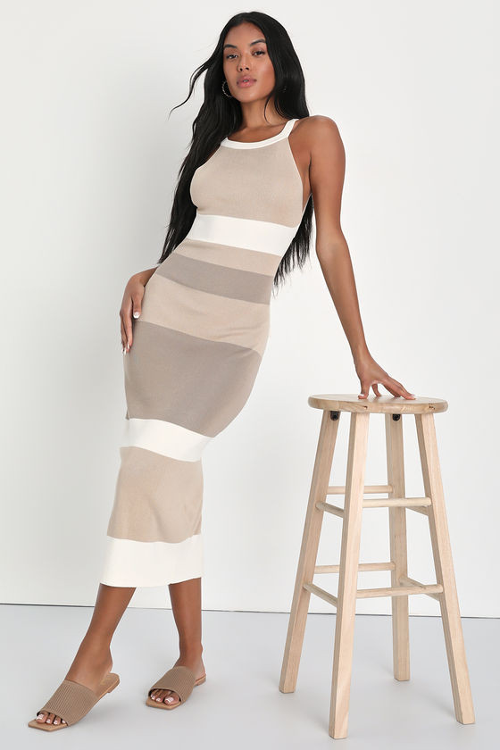 Chic Obsession Beige Striped Tie-Back Sleeveless Sweater Dress | Lulus