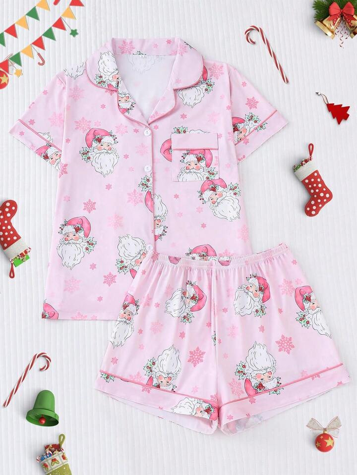 2pcs/Set Christmas Santa Claus & Snowflake Print Women's Pajama Set, Comfortable Button-Down Shor... | SHEIN