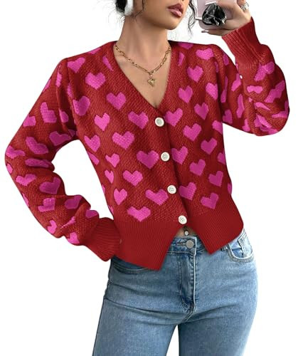 Heart Cardigan for Women Lightweight V Neck Button Down Long Sleeve Crop Holiday Sweater Tops Fashion Outfits Red | Amazon (US)