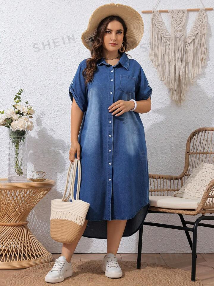 SHEIN LUNE Plus Size Summer Denim Dress With Lapel Collar, Front Button Closure And Rolled Sleeve... | SHEIN