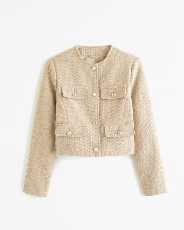 Women's Collarless Cropped Tweed Jacket | Women's New Arrivals | Abercrombie.com | Abercrombie & Fitch (US)