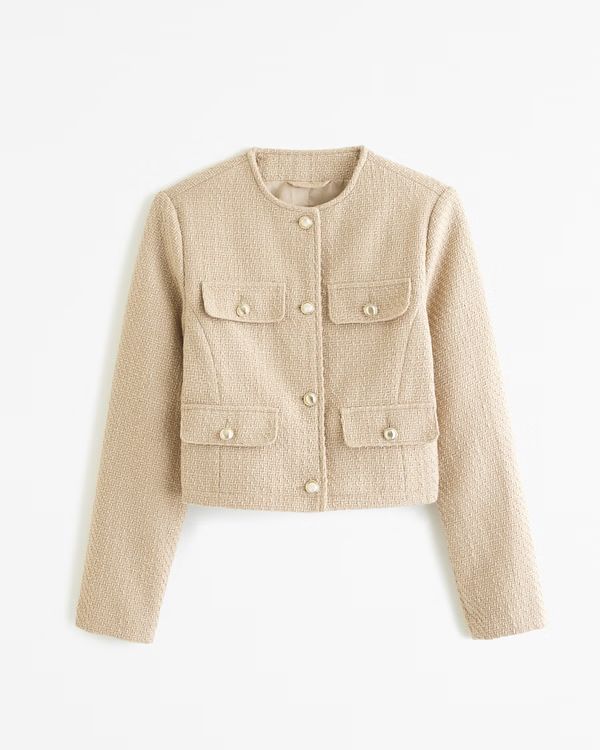 Collarless Cropped Tweed Jacket | Abercrombie & Fitch (UK)
