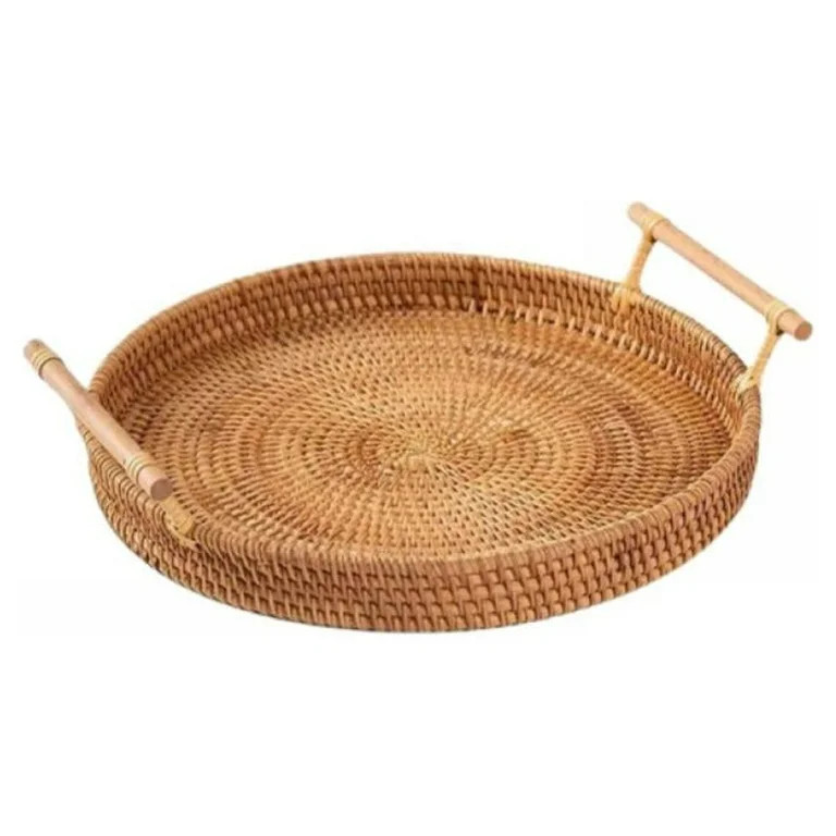 Hand Woven Rattan Serving Tray Decorative Round Rattan Storage Plate with Handles Rustic Breakfas... | Walmart (US)