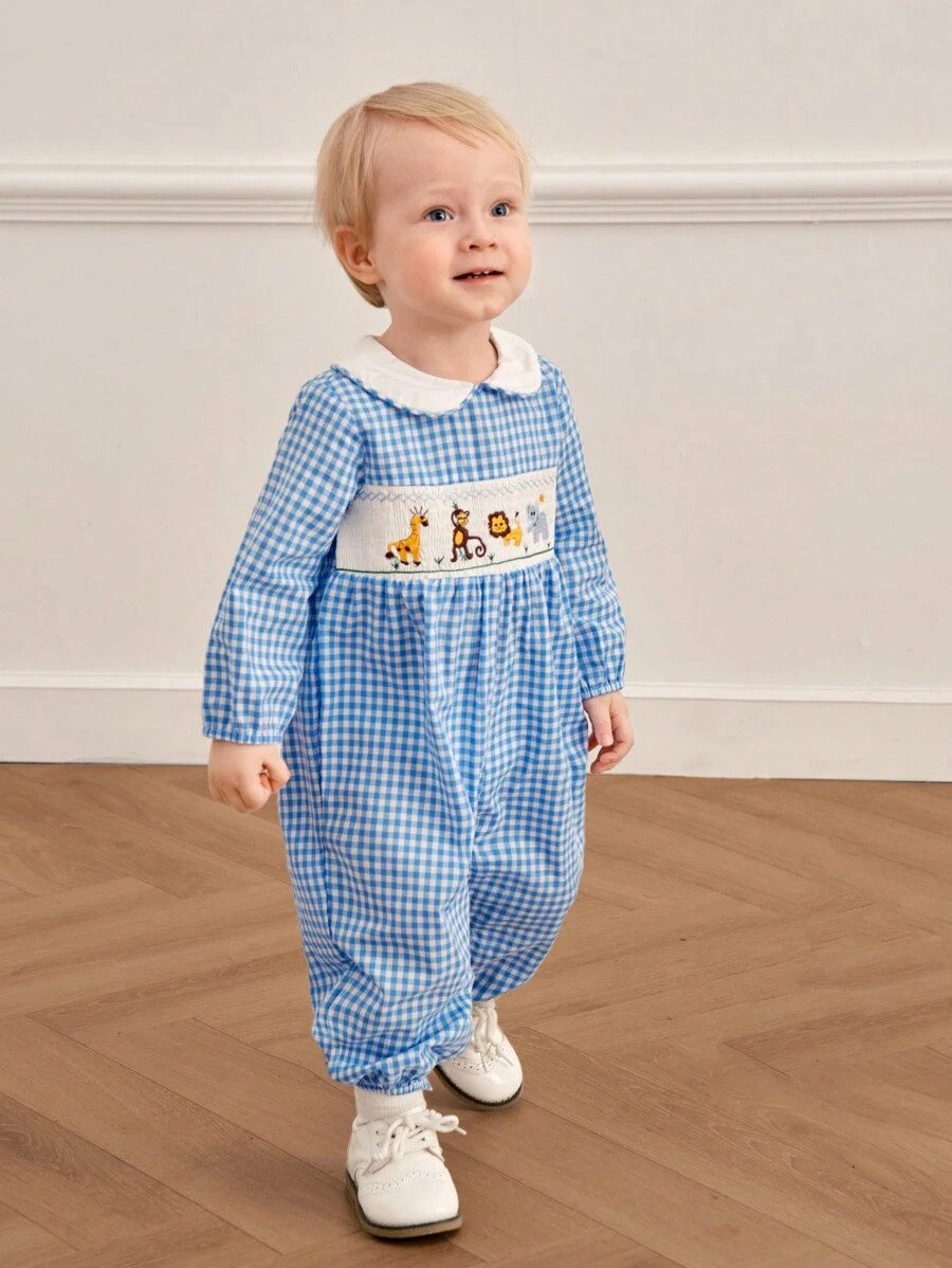 Souflis Baby Boys' French-Style Retro Elegant Cute Fun Animal Embroidery Romper With Peter Pan Co... | SHEIN