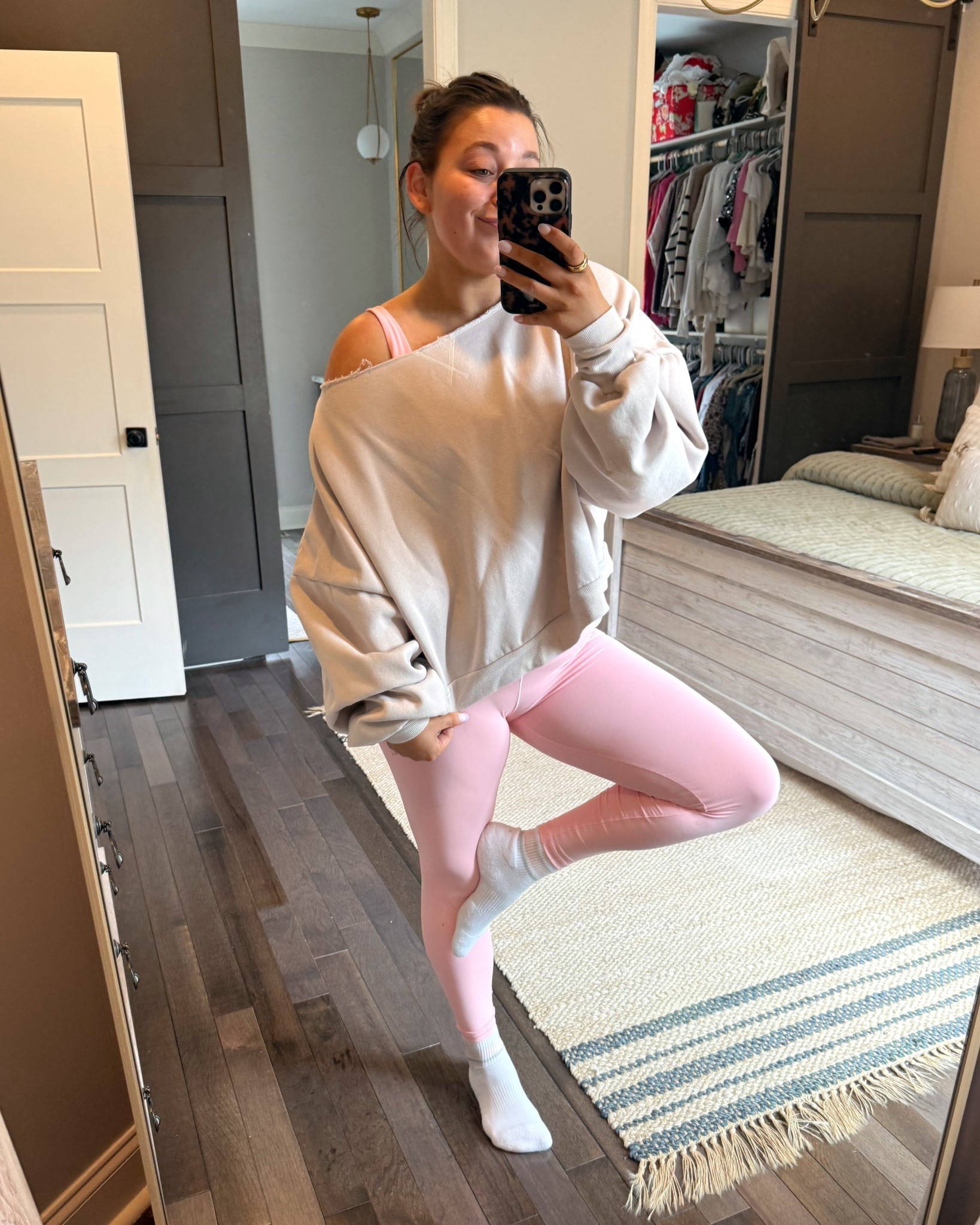 Obsessed with the slouchy off the shoulder sweatshirts 🫶🏼 paired with the pink Aerie leggings is the perfect atheisure look 💗

#LTKActive #LTKValentine #LTKootd