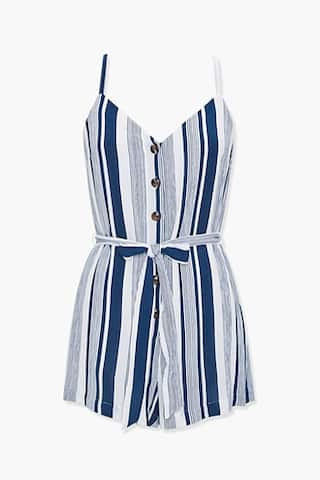 Forever 21 Belted Multicolor Striped Romper , Navy/cream | Forever 21 (US)