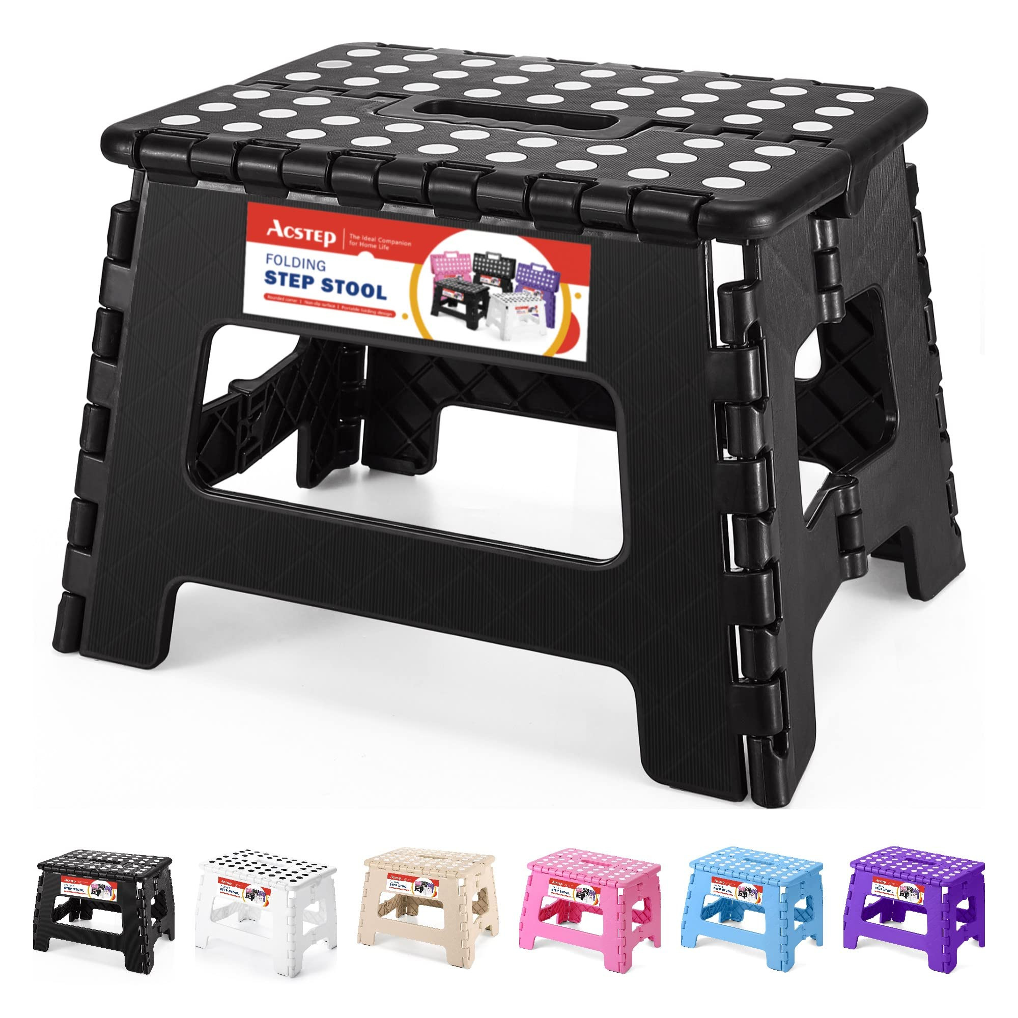 ACSTEP Folding Step Stool 9'' Tall Kids Step Stool Holds Up to 300 lb Plastic Foldable Step Stools for Kids Non-Slip Surface with Carry Handle Collapsible Stool for Home, Outdoor and Indoor(Black) | Amazon (US)
