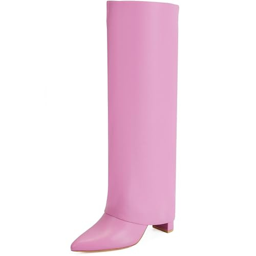Putu Fold Over Boots for Women Knee High Boots Chunky High Heel with Pointed Toe Pink Size 11 | Amazon (US)