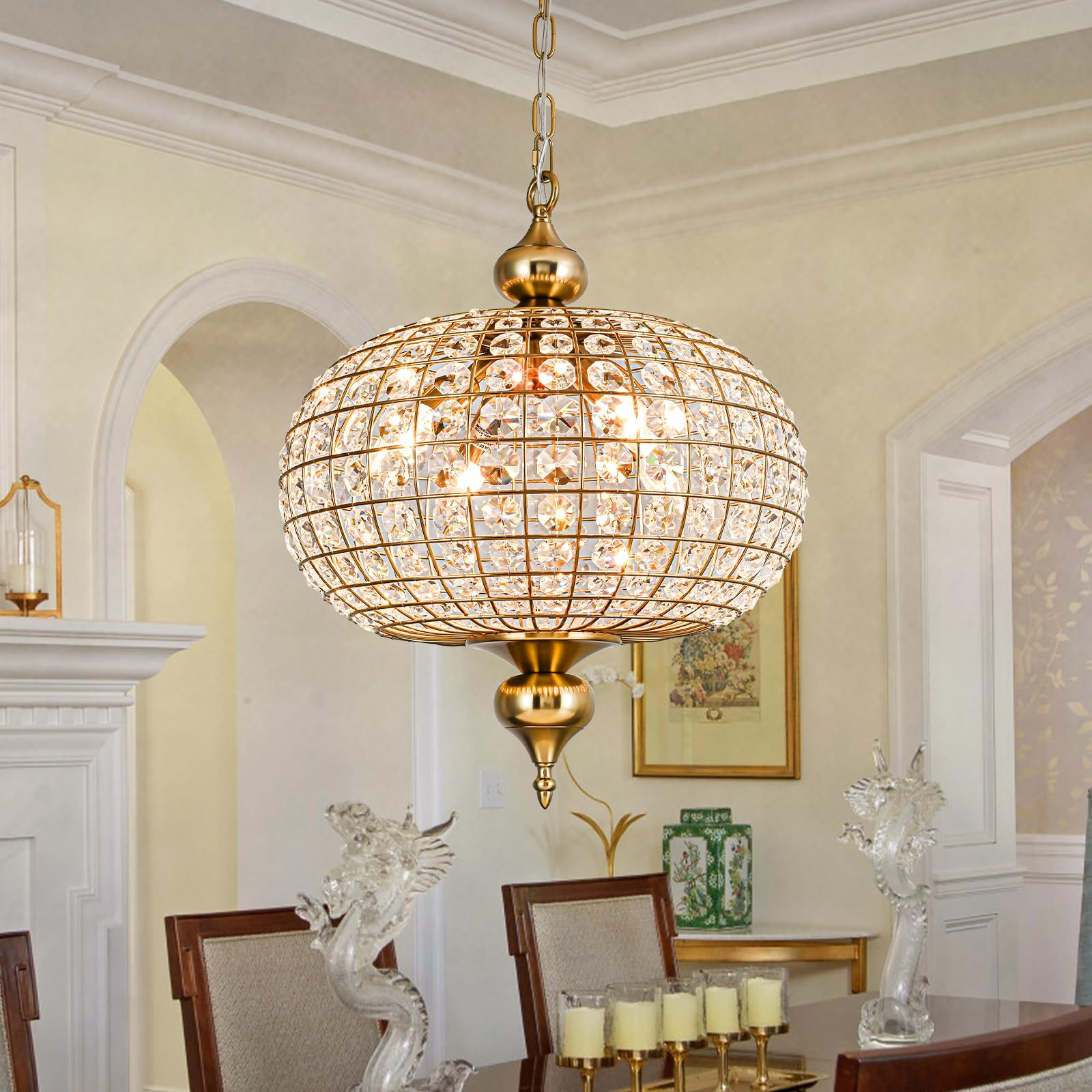 Gold Crystal Chandelier, 16.5" Modern 4-Light Round Crystal Pendant Light Antique Globe Foyer Cha... | Amazon (US)