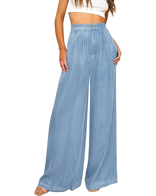 GRAPENT Wide Leg Pants for Women High Waisted Jeans Palazzo Pants Lightweight Summer Beach Flowy ... | Amazon (US)