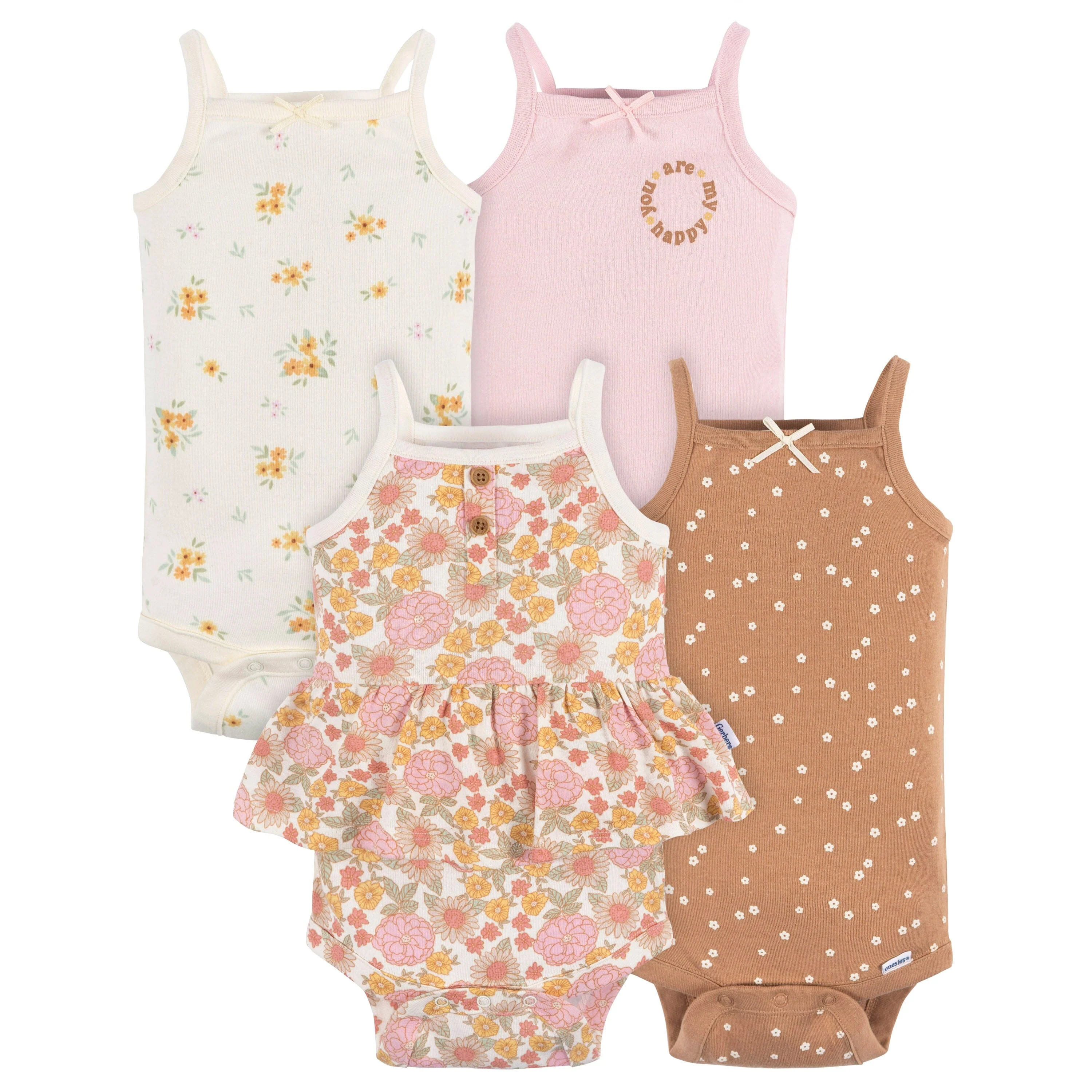 4-Pack Baby Girls Retro Floral Sleeveless Onesies® Bodysuits | Gerber Childrenswear