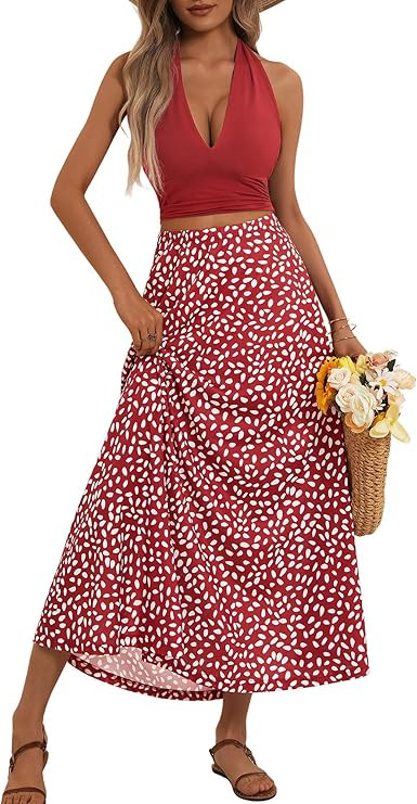 FENSACE Women's Summer Sexy 2 Pieces Floral Beach Vacation Outfits Halter Top Maxi Skirt Set | Amazon (US)