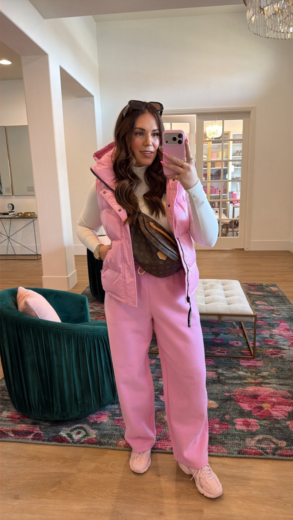 curvy midsize morganite pink @Aritzia  winter mom style 💕 wearing size medium in vest, large on mock neck, and large on sweat pants  

#LTKMidsize #LTKSeasonal #LTKValentine