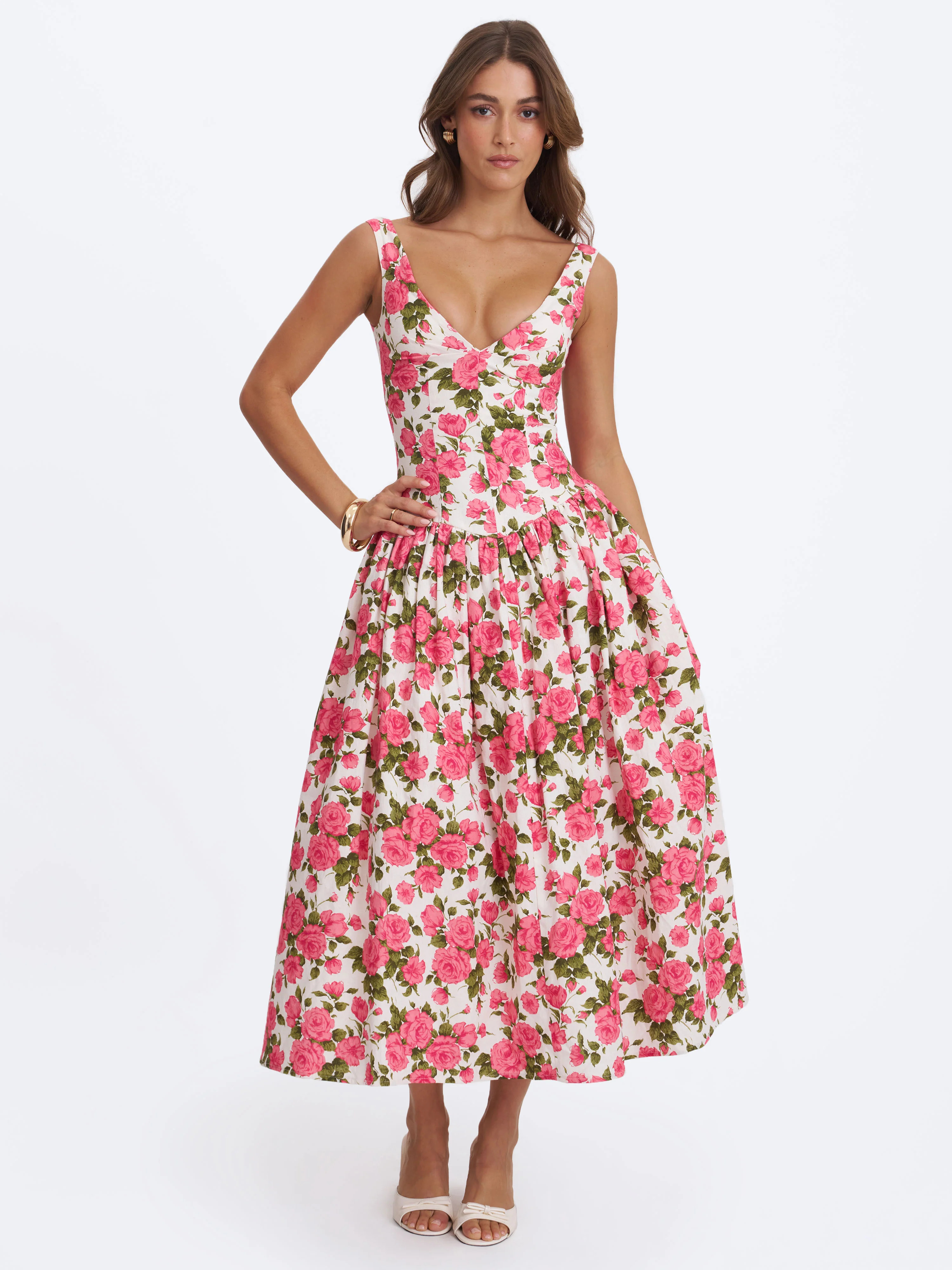 Wilfreda Blooming Pink Floral Linen Sweetheart Midi Dress | Miss Circle