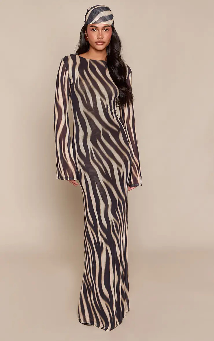 Black Zebra Mesh Boat Neck Open Back Long Sleeve Maxi Dress | PrettyLittleThing UK