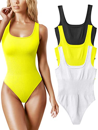 OQQ Women's 3 Piece Bodysuits Sexy Ribbed Sleeveless Square Neck Tank Tops Leotard 2025 Trendy Outfits Black Yellow White | Amazon (US)