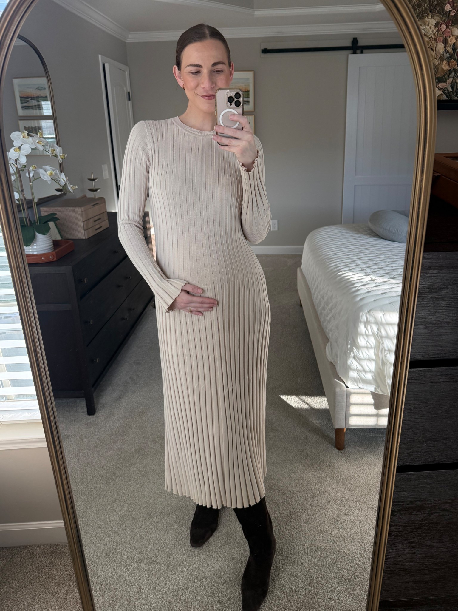 Spring Dress - long sleeve 
 Wearing size small - tts. dress is old from DISSH. Linked similar. 
Boots - tts. 

#LTKWorkwear #LTKootd #LTKBump