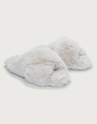 The White Company Faux Fur Cross Slider Slippers, Pale Grey, Size: M(5/6) | The White Company UK & ROW