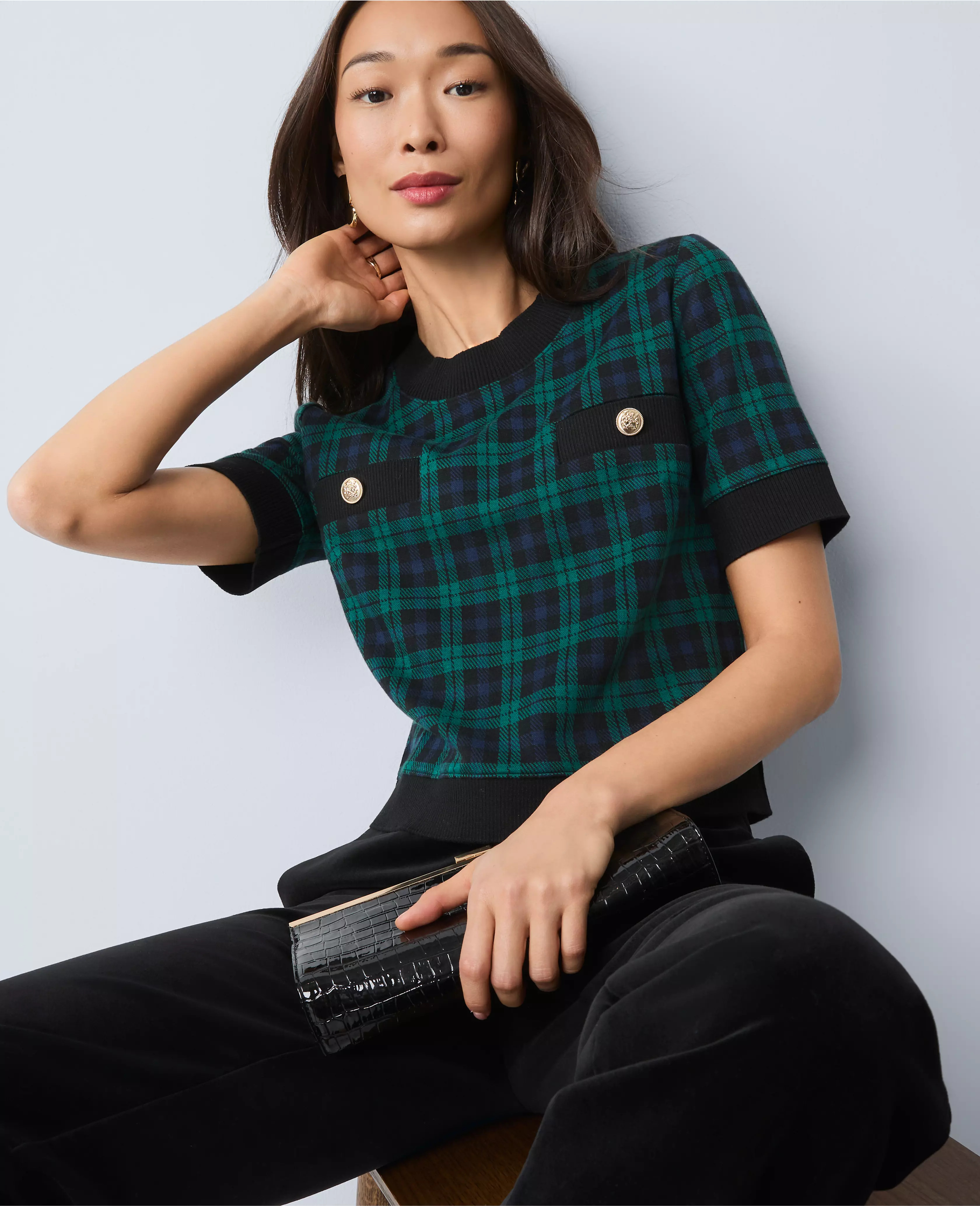 Plaid Sweater Trim Top | Ann Taylor