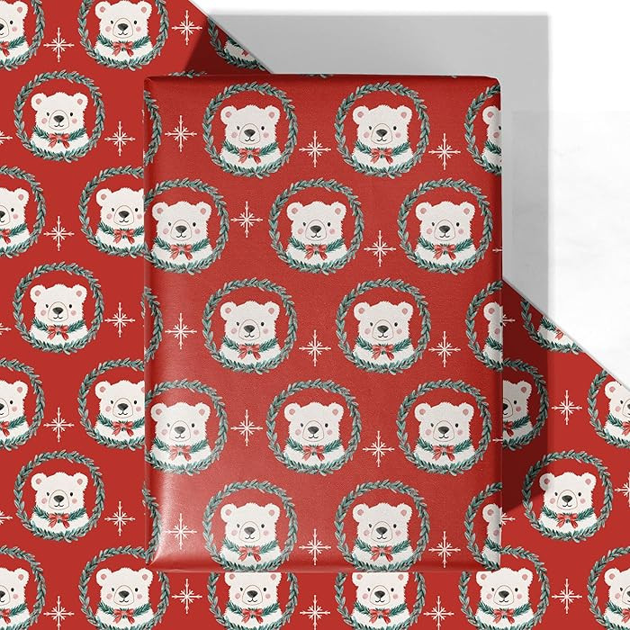 WRAPLULU Christmas Polar Bear Wrapping Paper - 4 Jumbo Sheets, 28 * 40 Inches - Red Wreath Xmas G... | Amazon (US)