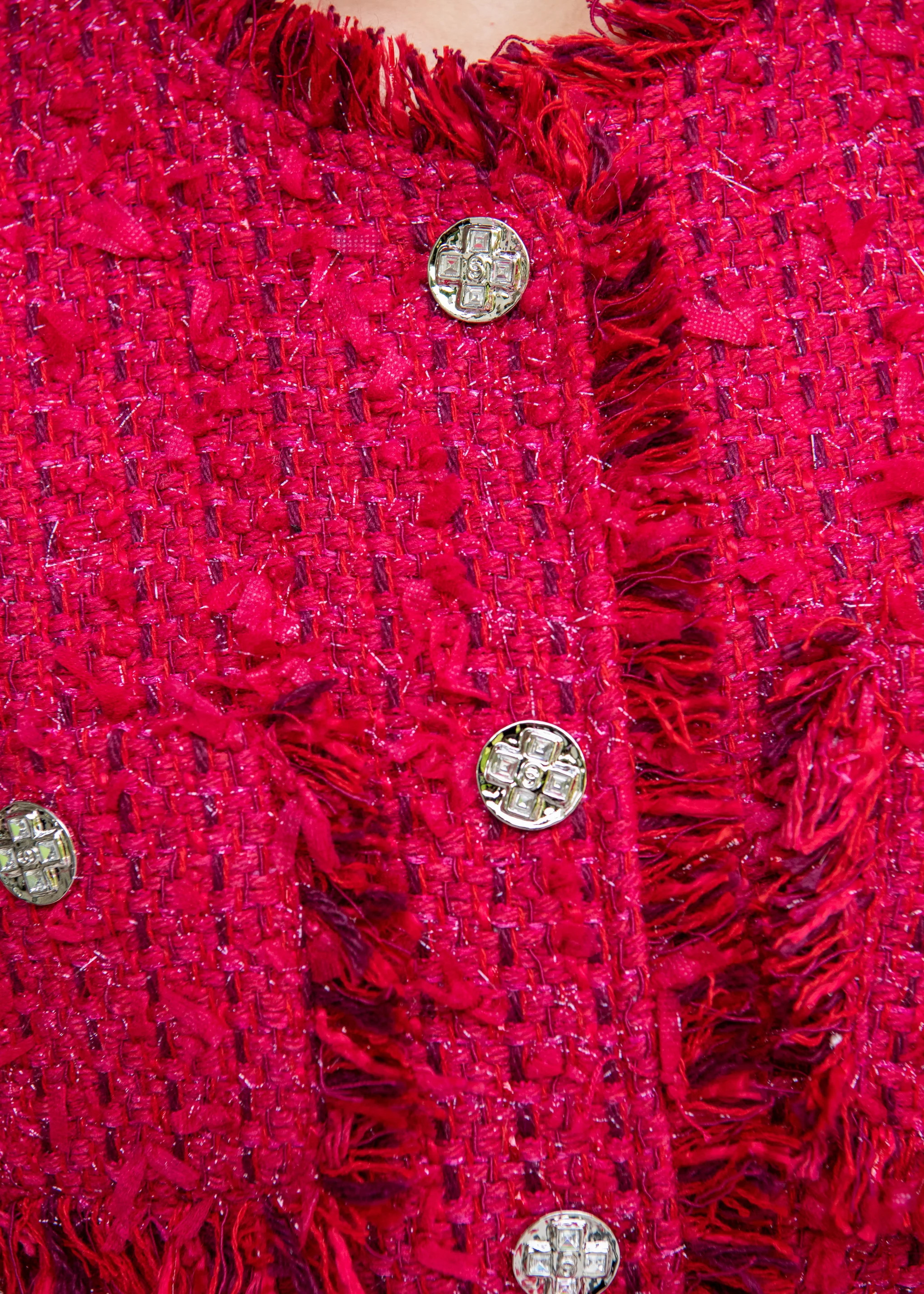 Cherise Belted Tweed Button Down Fringe Vest - Red | Benaar La