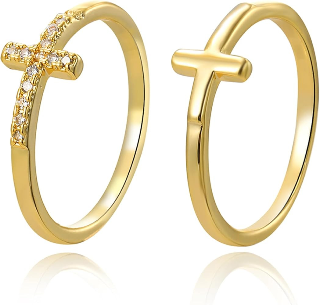 YBMYCM Cross Gold Rings, Dainty Stackable Ring Set 18k Gold Plated Thin Crystal Cross Finger Ring... | Amazon (US)
