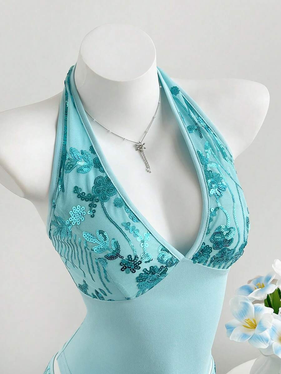 Elamini Women's Blue Sequin Slim Fit Halter Neck Tie Back Camisole, Fashionable Clubwear For Part... | SHEIN