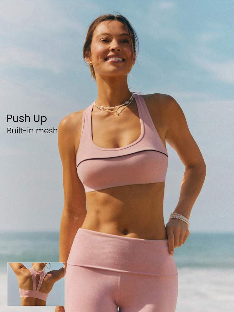 GLOWMODE FeatherFit\u2122-Sculpt GlowLift Push-Up Keyhole Back Side Mesh Contrast Trim Sports Bra... | SHEIN