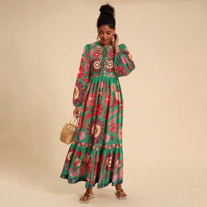 Vacation Floral Print Tie Up Long Sleeve Dress,Fall Clothes,Elegant Women Dresses,Fall Women Dresses,Mexican Women Dresses | SHEIN