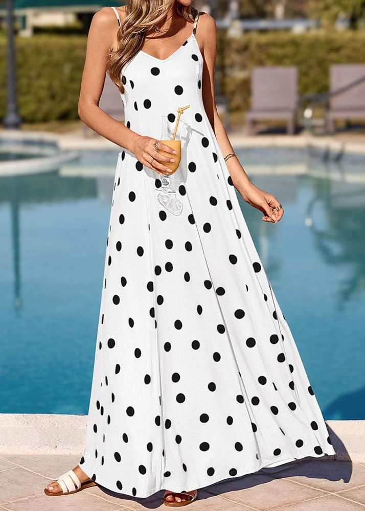 KIRUNDO Boho Maxi Dress for Women Summer Spaghetti Strap V Neck Polka Dot Flowy Long Beach Vacati... | Amazon (US)
