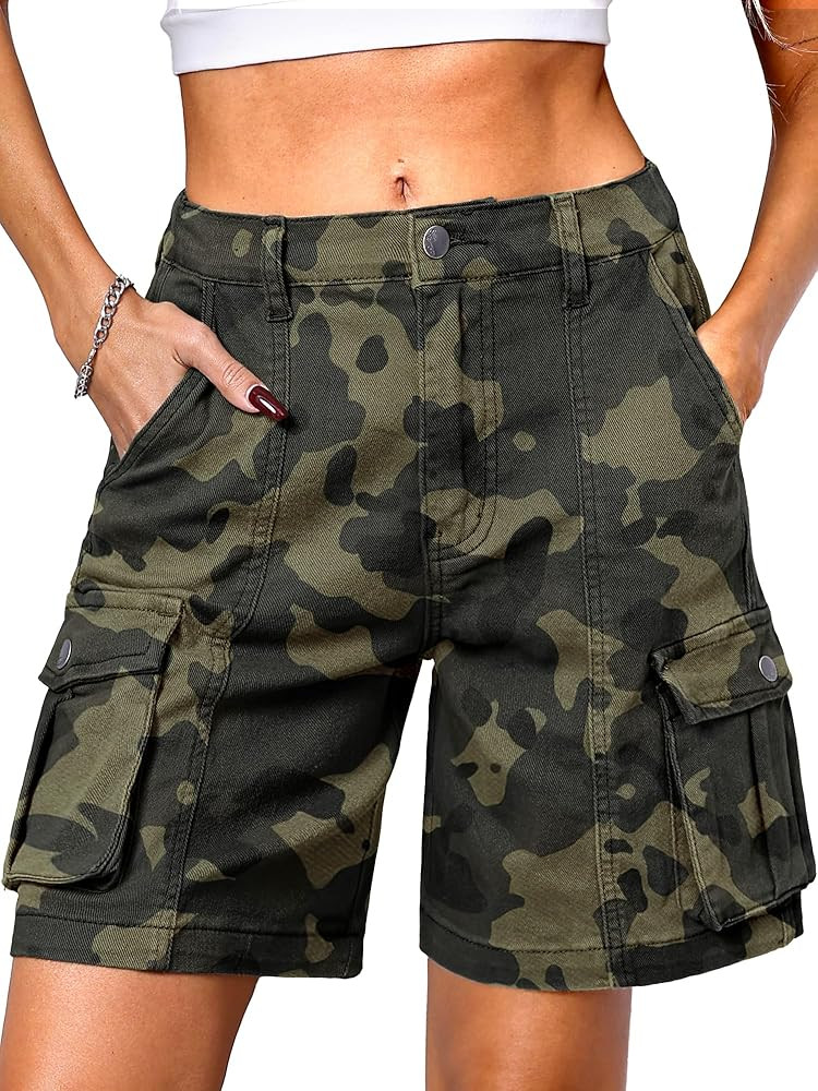 ELLEVEN Bermuda Cargo Shorts Women, Elastic High Waist 6 Pockets Shorts 7 Inch Inseam Summer Jort... | Amazon (US)