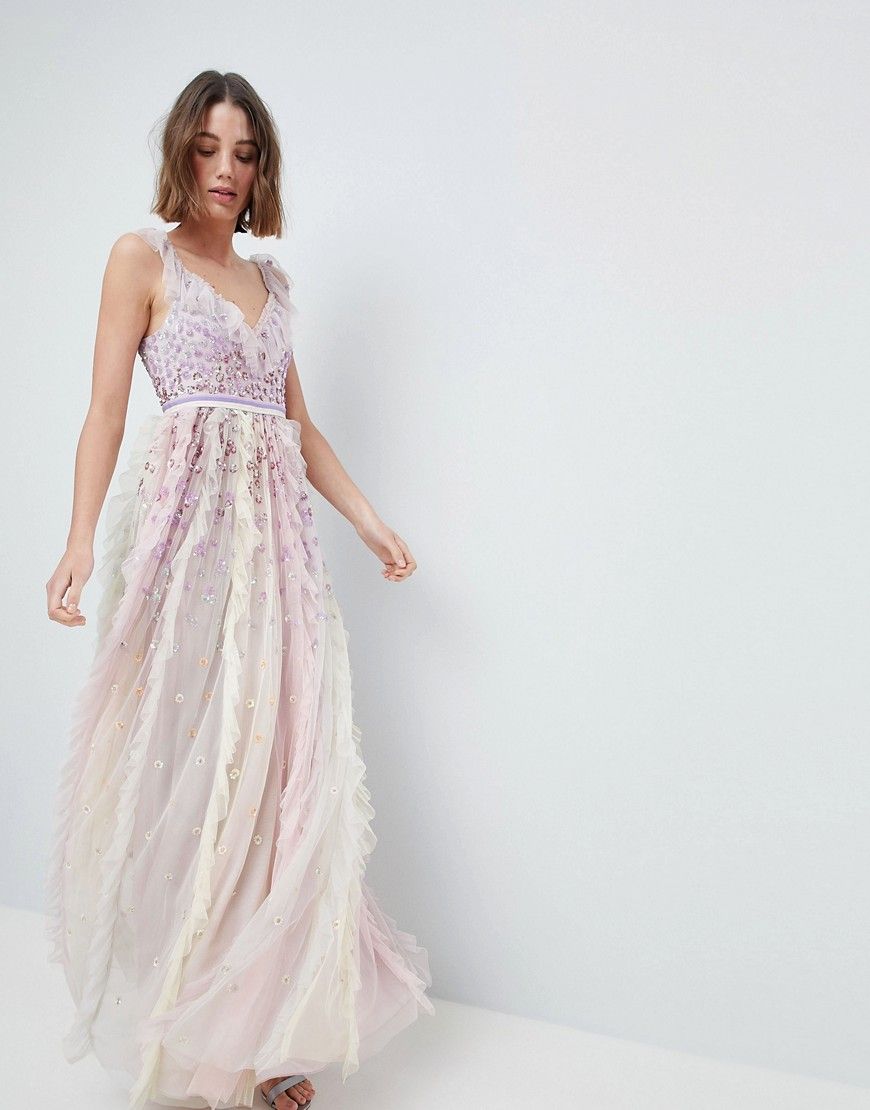 Needle & Thread Maxi Dress With Embellishment And Frill Neck Detail - Multi | ASOS US