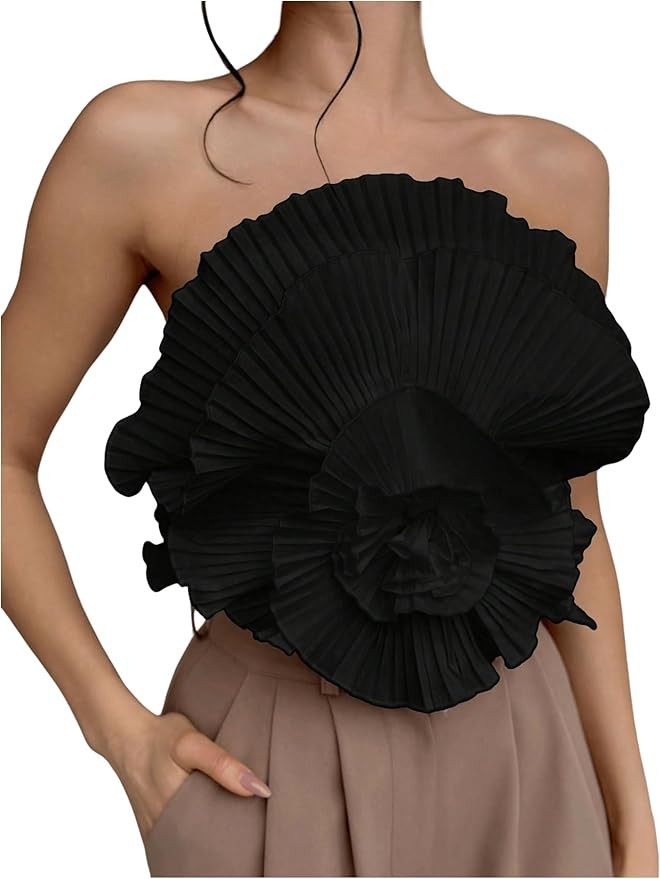 OYOANGLE Women's 3D Flower Decor Strapless Sleeveless Bandeau Top Slim Fit Solid Cropped Tube Top... | Amazon (US)