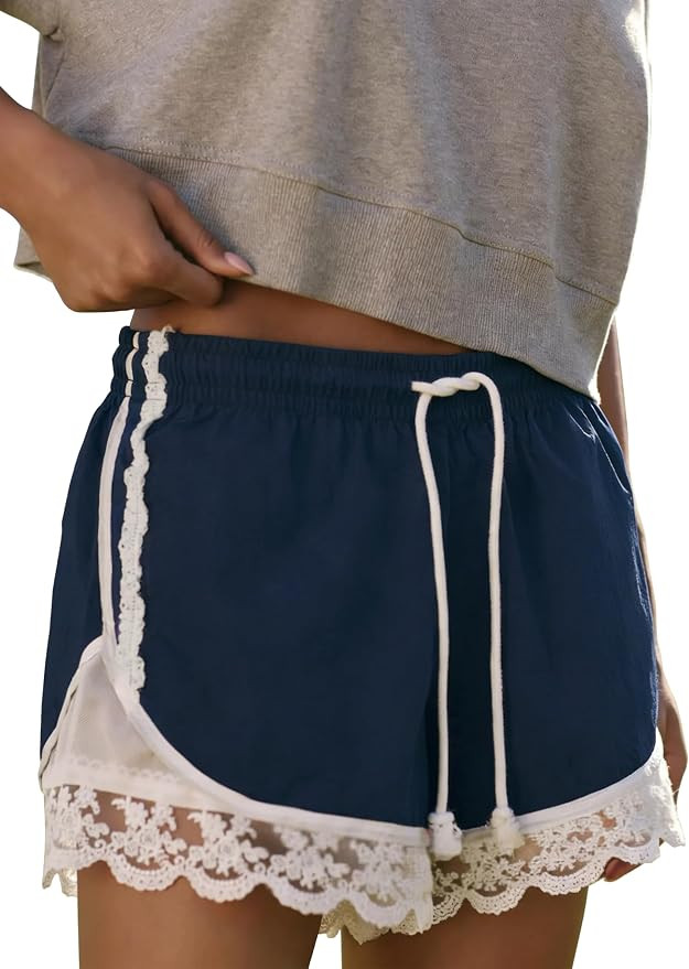 Womens Lace Trim Drawstring Shorts Casual Elasticated Summer Y2K Beach Bottoms Athletic Shorts | Amazon (US)