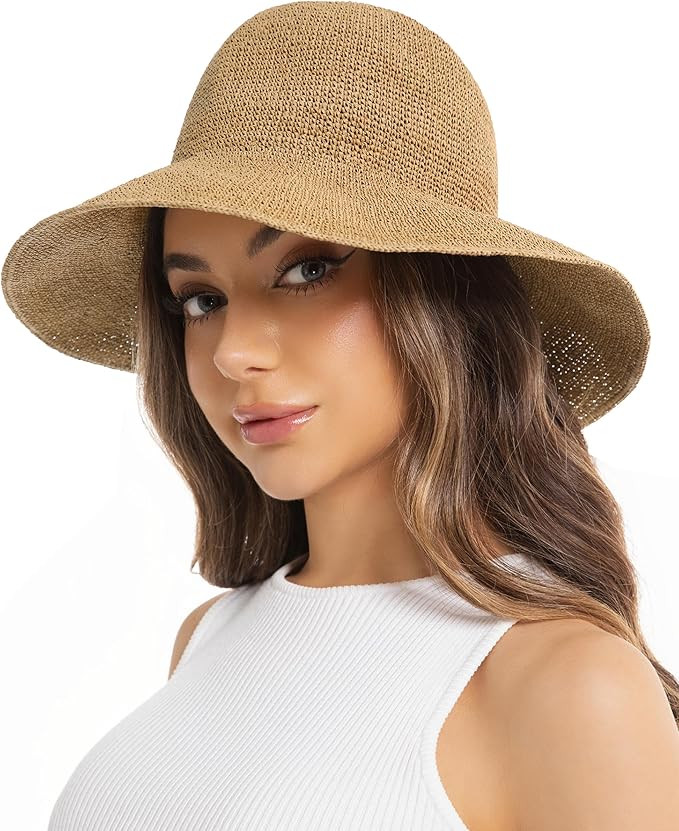 Women’s Packable Straw Floppy Beach Hat – Wide Brim Crochet Bucket Sun Hat for Summer | Amazon (US)