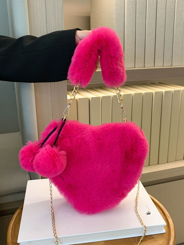 Fuzzy, Soft, Plush, Fluffy Neon Pink Heart Design Fluffy Novelty Bag With Bag Charm For Girls, Wo... | SHEIN