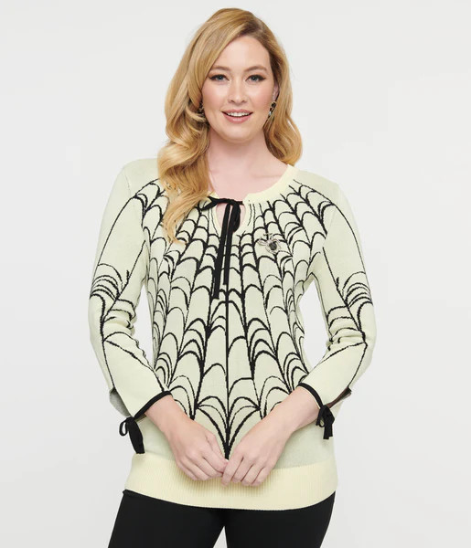 Unique Vintage Cream & Black Spiderweb Keyhole Sweater | UniqueVintage