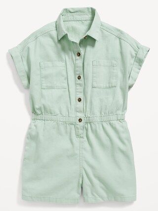 Short-Sleeve Cinched-Waist Twill Utility Romper for Girls | Old Navy (US)