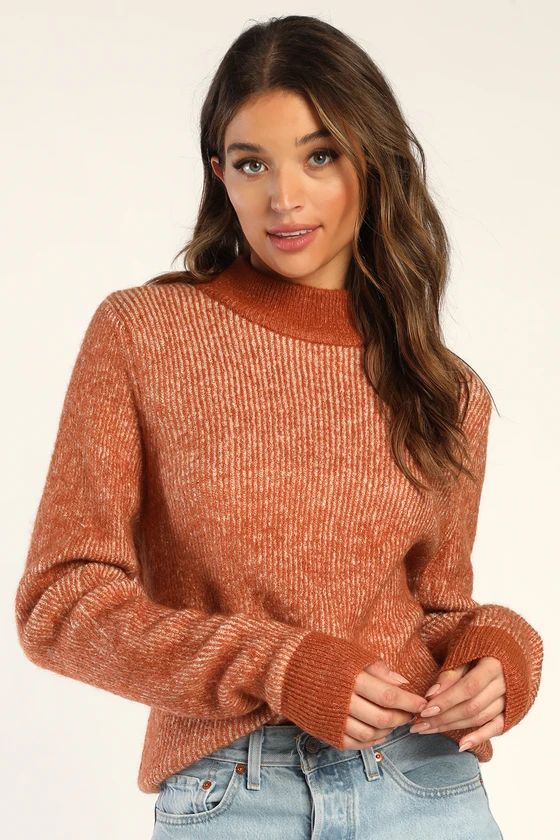 Cold Weather Chic Heather Rust Brown Ribbed Mock Neck Sweater | Lulus (US)