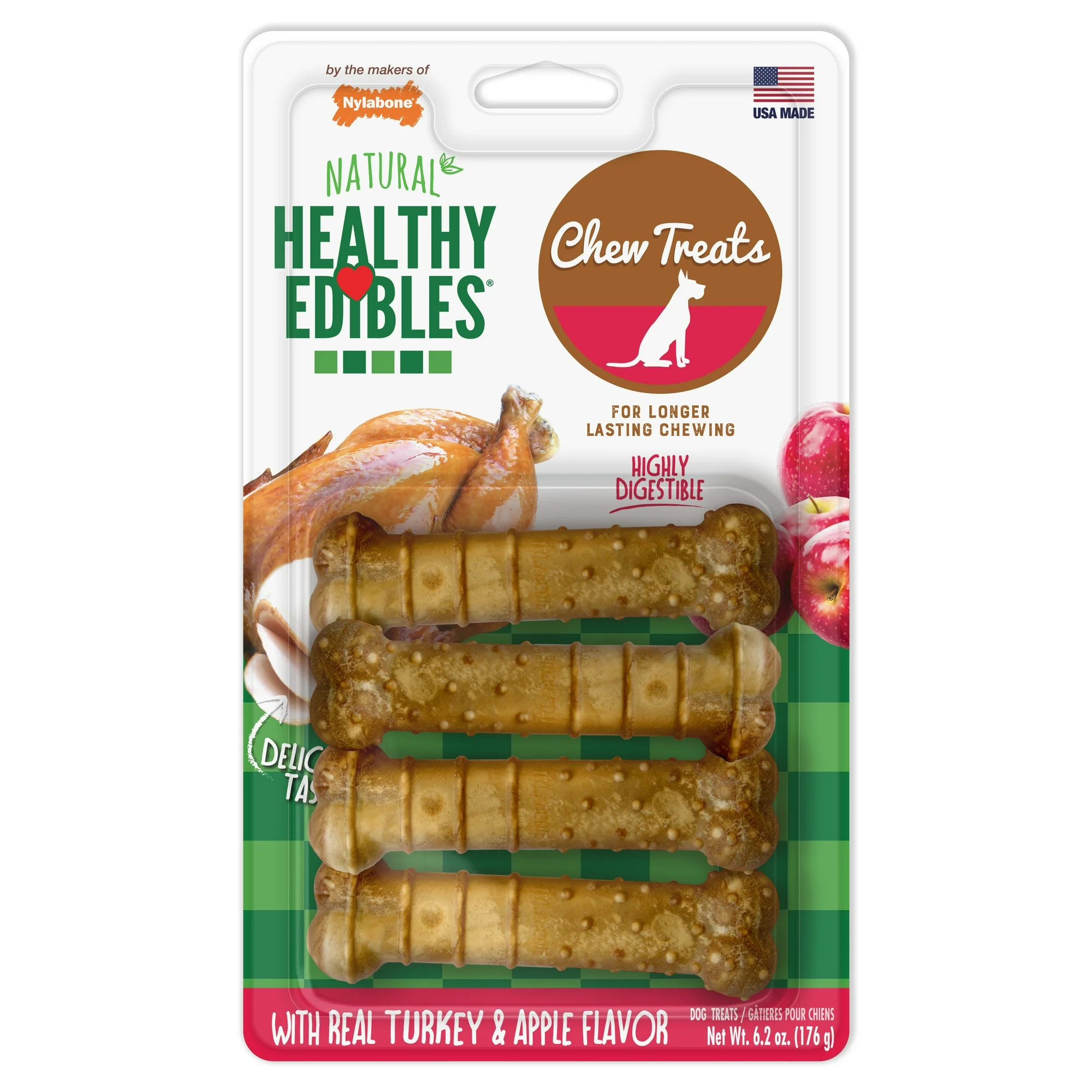 Nylabone Healthy Edibles All-Natural Long Lasting Turkey & Apple Dog Chew Treats 4 Ct Small/Regul... | Walmart (US)