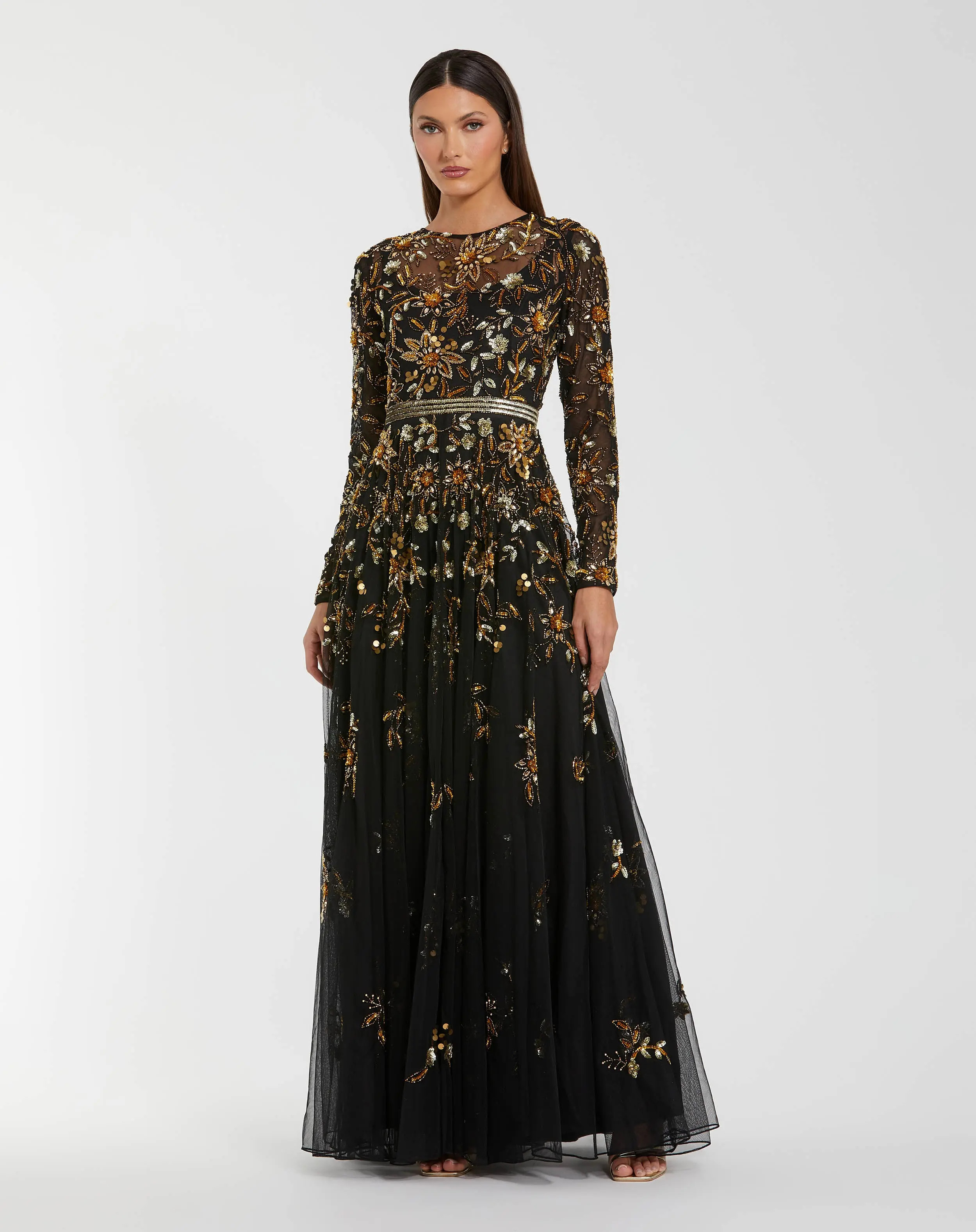 Black Hand Embellished Long Sleeve A Line Gown | Mac Duggal | Mac Duggal