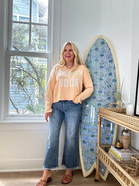 HAPPY HOUR sweater is the cutest! Wearing size small. Jeans are so good! I’m obsessed! Wearing size 26 in jeans. Code FANCY10 for 10% off 

#LTKfindsunder100 #LTKstyletip #LTKsalealert