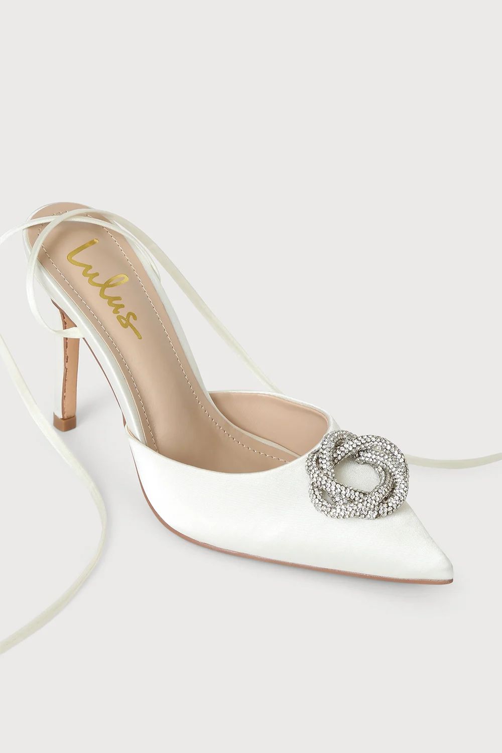 Malloryy White Satin Rhinestone Lace-Up Pointed-Toe Pumps | Lulus