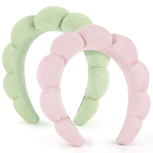 DiyJibb Spa Headbands for Women Ladies- Puffy Makeup Headband Combo Pack- Set of 2 Terry Towel Cloth Fabric Hair Bands for Washing Face(light pink + light green) | Amazon (US)