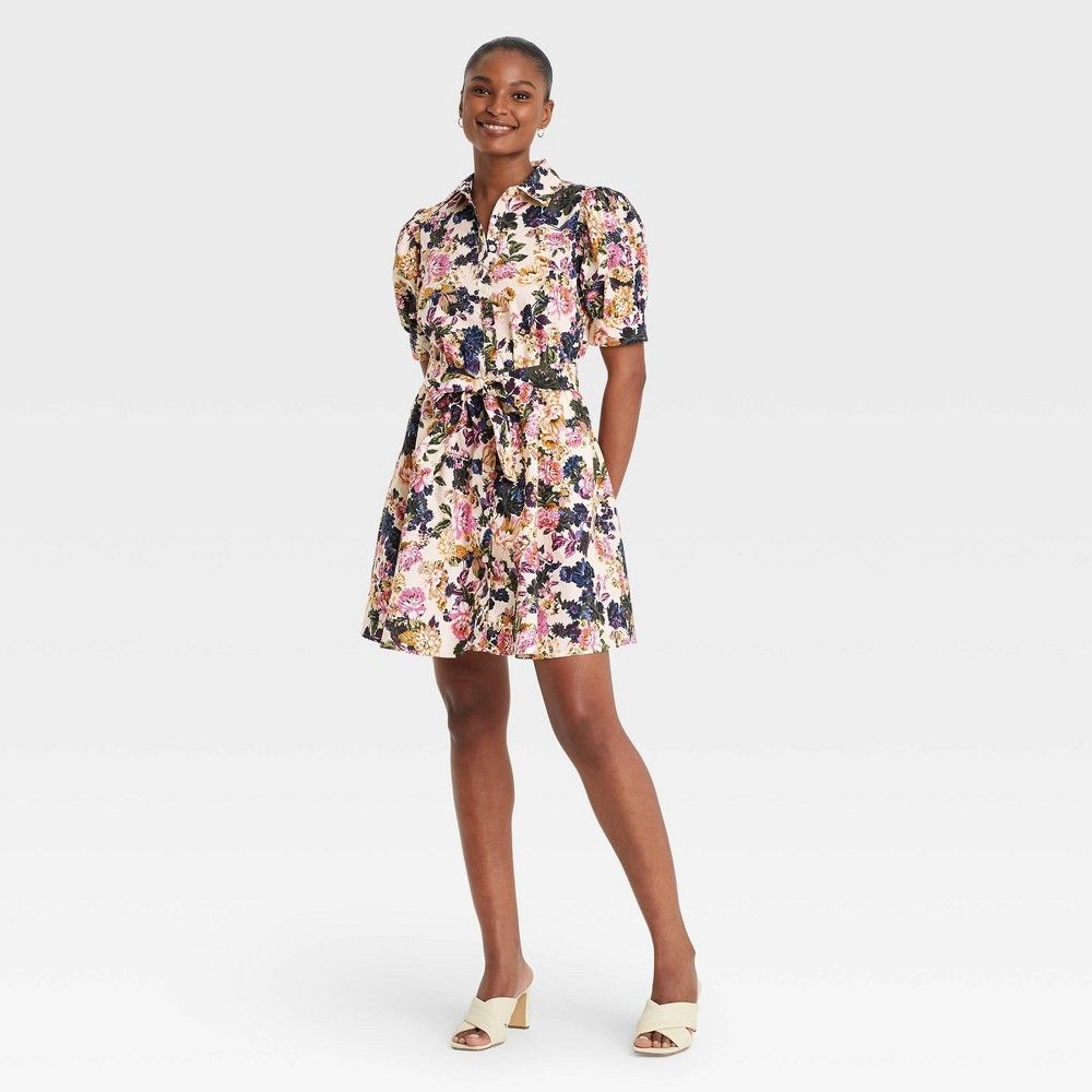 Women's Puff Short Sleeve Shirtdress - Who What Wear Beige Floral XXL | Target