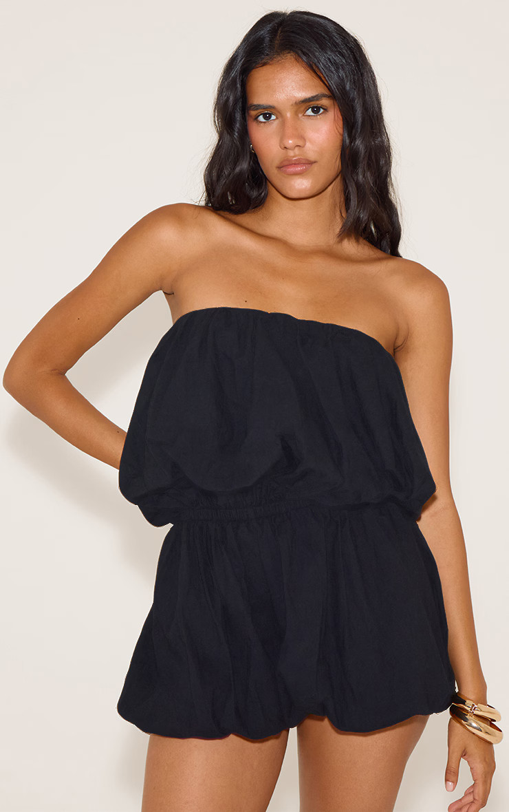 Black Puffball Detail Bandeau Romper | PrettyLittleThing US