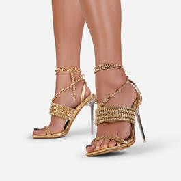 La-Scene Chain Detail Lace Up Square Toe Clear Perspex Heel In Gold Faux Leather | EGO Shoes (US & Canada)