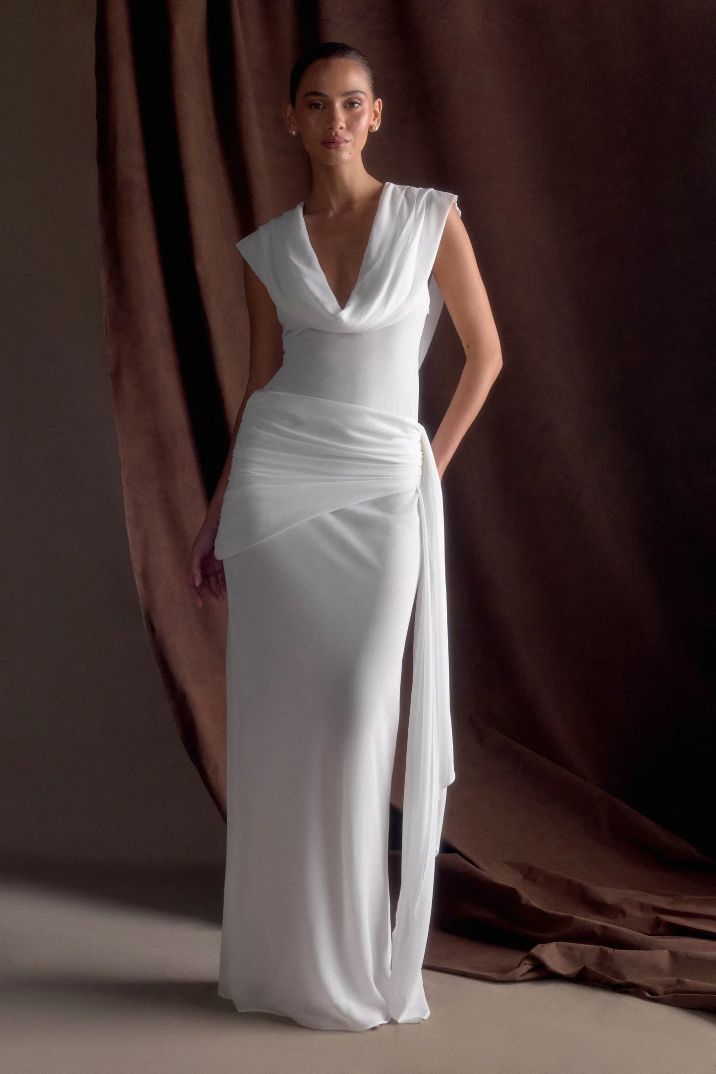 Chiffon Draped Maxi Dress - White | MESHKI US